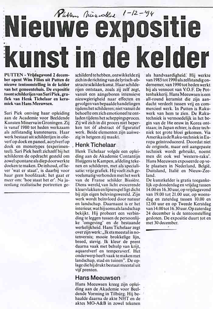 1994 Nieuwe expositie kunst in de kelder. Puttens Nieuwsblad  1-12-94  Puttens Nieuwsblad